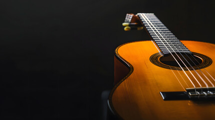 Fototapeta premium Classical guitar close up dramatically lit on a black background with copy space : Generative AI
