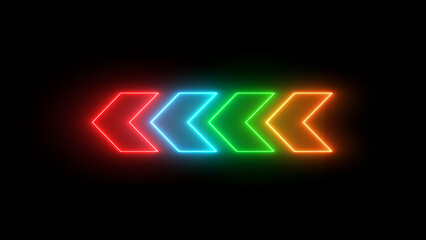 Multicolor neon arrows on a black background. neon light left arrows. Set of glowing neon arrows. Night bright advertising.