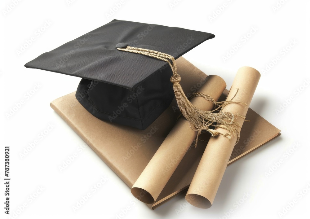 Poster Black graduation cap with tassel and diploma on white background isolated Generative AI - Posters