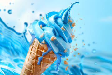 Waffle cone of sweet blue ice cream with splashes of milk and syrup on a light background - Powered by Adobe