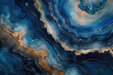 Top down close up of stunning blue agate surface with golden veins. Created with Ai - obrazy, fototapety, plakaty