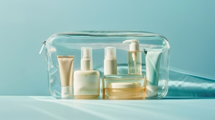 A skincare travel pack with mini-sized cleanser toner