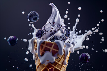 Waffle cone of sweet ice cream with berries and splashes of milk and syrup on a dark background