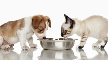 A Puppy and Kitten Sharing Meal