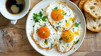 Top view of greens and tomato fried eggs with bread and coffee on white plate on wooden table