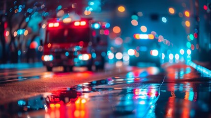 Vibrant splashes of color and blurred emergency equipment give a sense of frantic energy in the defocused backdrop symbolizing the frenzied pace of emergency procedures. .