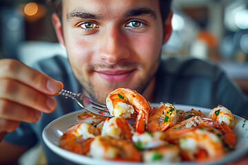 Tasty treat: Man indulges in cooked shrimp