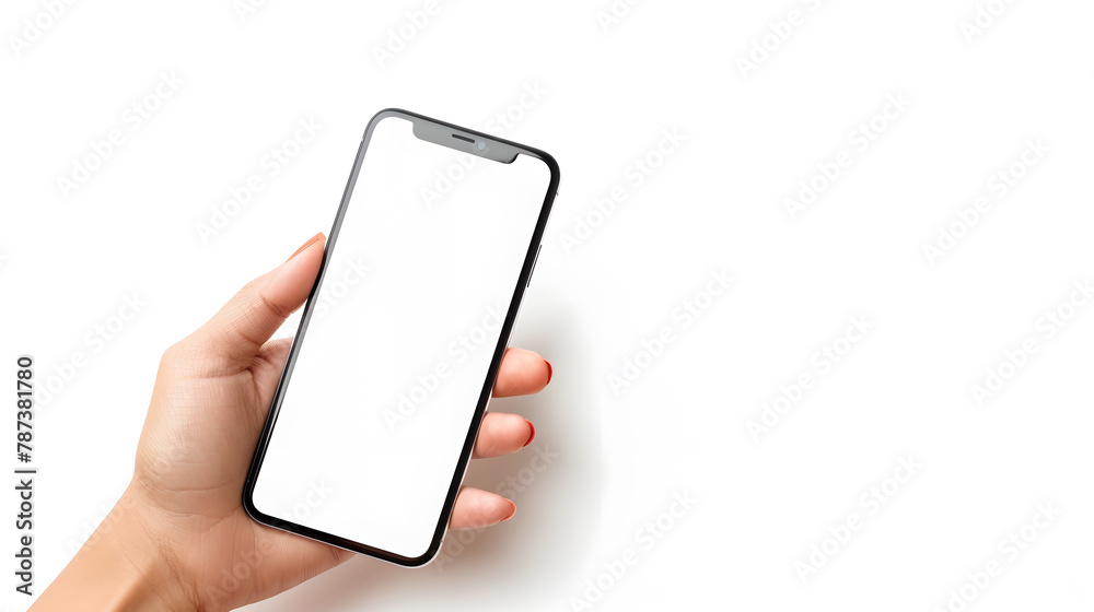 Poster woman hand holding smartphone with blank white screen phone isolated on white background for mockup 
