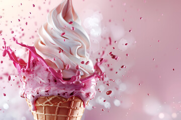 Waffle cone of sweet pink ice cream with splashes of milk and syrup on a light background