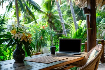 Fototapeta premium An inviting outdoor home office setup, complete with a laptop, tablet, and notebook, nestled among the lush greenery of a tranquil tropical garden, Freelance home office in tropics.