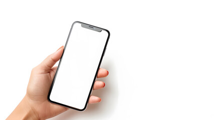 Woman hand holding smartphone with blank white screen Phone isolated on white background for mockup Copy space Clipping path : Generative AI