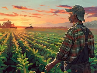 Farmer overlooking his field at sunset - obrazy, fototapety, plakaty