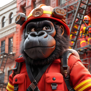 A 3D animated cartoon render of a helpful gorilla assisting firefighters in rescuing people from a burning building.