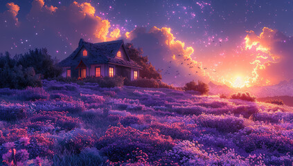 A cozy cottage in the middle of a purple flower field, a beautiful landscape with mountains and a fiery sky at night. Created with Ai