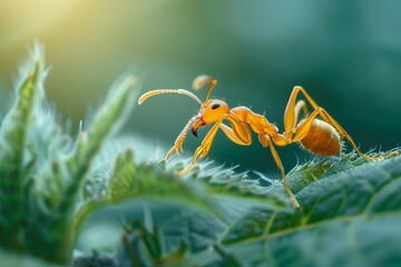 Close-up of vibrant orange ant on leaf