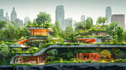 A futuristic cityscape with a large building that has a green roof. The building has a lot of windows and is surrounded by trees. Scene is one of innovation and sustainability