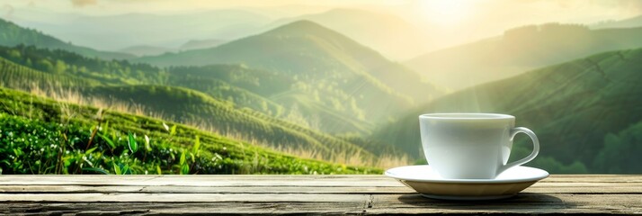Green tea cup against mountain field backdrop with abundant space for text placement - obrazy, fototapety, plakaty