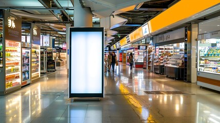 Sign and Billboard Mockup at duty free shop in departure terminal to promote your business or organization in a unique and eyecatching way : Generative AI