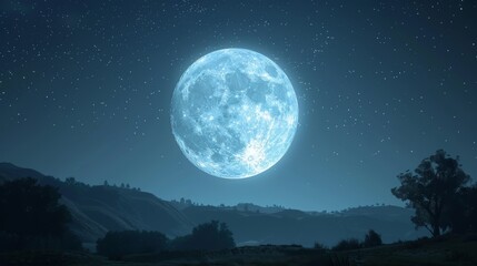 Naklejka na ściany i meble A large blue moon is shining brightly in the night sky. The scene is peaceful and serene, with the moon casting a soft glow over the landscape