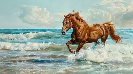 horse galloping on the beach, through waves, concept of freedom, happiness and beauty