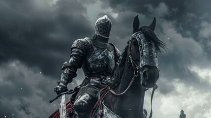 Naklejka premium medieval knight on horse, in metal armor with sword and helmet
