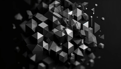 An abstract of a black geometric background consisting of three-dimensional polygons