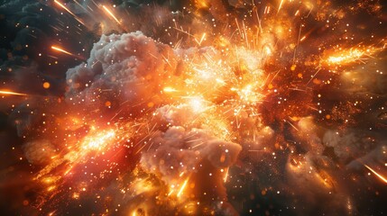 A bright orange explosion in space with a lot of fire and sparks. The explosion is so bright that it is almost blinding - obrazy, fototapety, plakaty