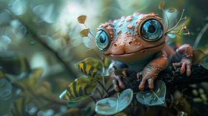 cute, frog-like fantastic creature with big eyes in fantasy world