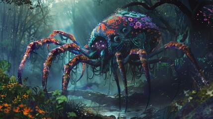 fantasy world spider, scary arachnid; concept of arachnophobia  - obrazy, fototapety, plakaty