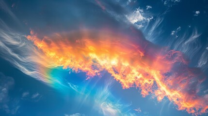 A rainbow is seen in the sky above a blue sky. The rainbow is very bright and colorful, and it seems to be stretching across the entire sky. Scene is one of wonder and awe