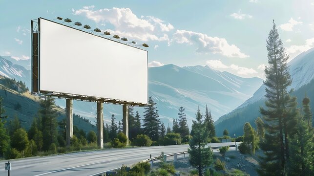 Outdoor image of blank huge billboard standing near road on way to mountains having many evergreen trees around sides of green divided by paved road amazing landscape Copyspace for adv : Generative AI