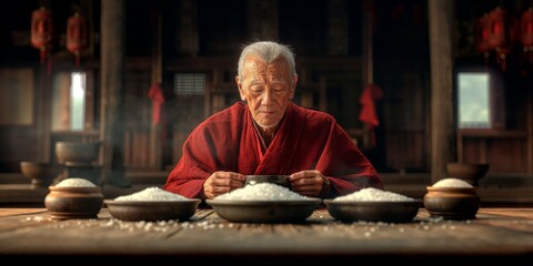 Serene buddhist master in zen house with salt pots. Elderly buddhist monk in red robe meditatively sitting at a wooden table with steamy salt pots in a traditional zen house