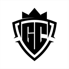 GC Letter bold monogram triangle curve shield shape with crown black and white background color design
