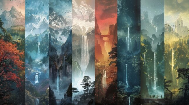 A series of images of waterfalls and mountains, each with a different color scheme. The mood of the images is serene and peaceful, with the waterfalls and mountains creating a sense of calm