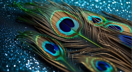 Peacock feathers on shiny background