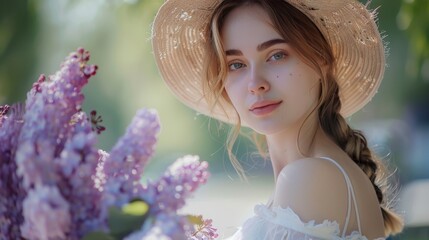 Portrait of young woman in white dress holding lilac bouquet and wearing straw hat