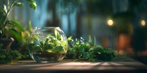 Lush green terrarium in a clear glass bowl on a wooden table with soft lighting creating a serene ambiance - obrazy, fototapety, plakaty