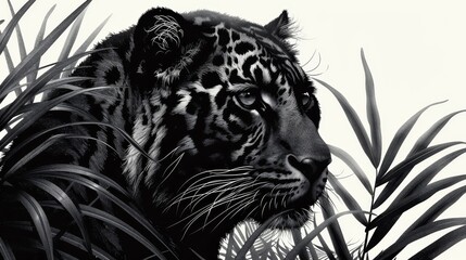 A black and white tiger is standing in a jungle with a leafy background. The tiger is the main focus of the image, and the black and white color scheme gives it a timeless and classic feel
