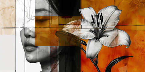 Abstract Woman's Portrait with Monochrome and Color Blocks Featuring Lily Flower