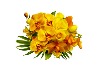 Bouquet of yellow flowers with leaf isolated on transparent background, PNG, cut out
