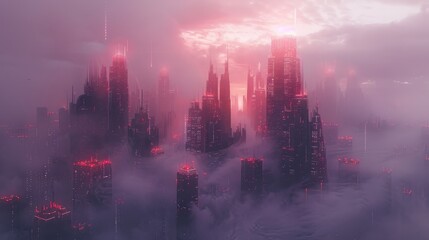 A cityscape with a pink sky and red buildings. The city is covered in a thick fog, giving it a mysterious and eerie atmosphere