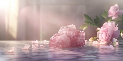 Aesthetic image of a pink quartz crystal surrounded by blooming roses and soft light creating a soothing ambiance - obrazy, fototapety, plakaty