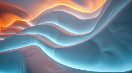 A close up of a set of multileveled platorms made of white clay, curving seamessly and flawlessly, illuminated by blue and orange lights in seamless transitions. Generated by artificial intelligence.