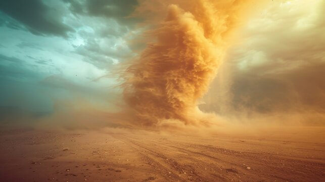 A large tornado is blowing through a desert. The sky is cloudy and the ground is covered in sand