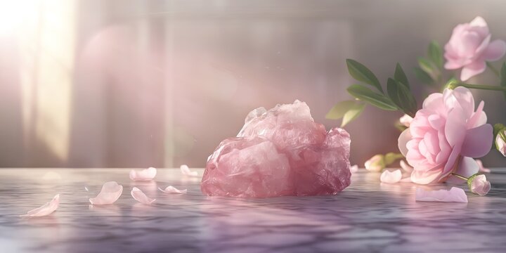Aesthetic image of a pink quartz crystal surrounded by blooming roses and soft light creating a soothing ambiance