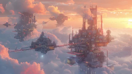  A group of buildings are floating in the sky, with one of them being a large tower. The sky is filled with clouds and the sun is setting, creating a warm and peaceful atmosphere © Sodapeaw