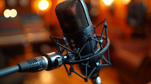 microphone with blurred background on blue wall, vintage microphone on stage with lamp lighting, in uhd image style, bokeh panorama.
