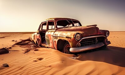 Obraz premium old classic wreck of retro vintage car left rusty ruined and damaged abandoned in the Sahara desert for aftermath apocalyptical.