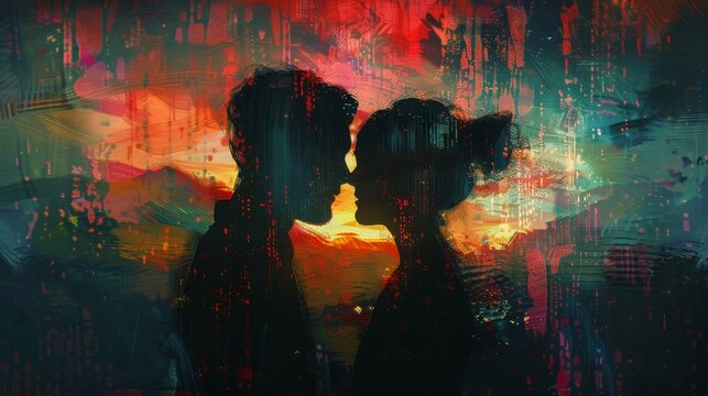 A couple is kissing in front of a sunset. The painting is abstract and has a romantic mood