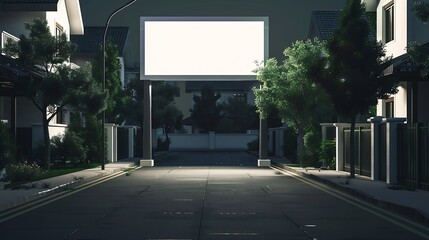 blank advertising billboard at city Mock up Poster media template Ads display in way advertisement stands between two roads crossing in the middle of big houses : Generative AI
